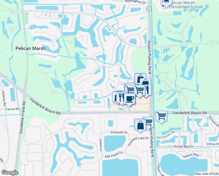 map of restaurants, bars, coffee shops, grocery stores, and more near 9018 Terranova Drive in Naples