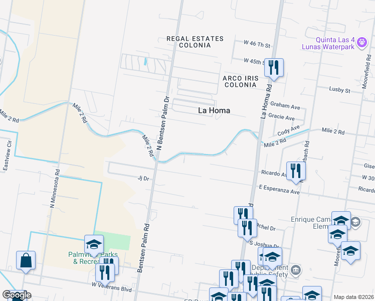 map of restaurants, bars, coffee shops, grocery stores, and more near 3000 North Bentsen Palm Drive in Mission