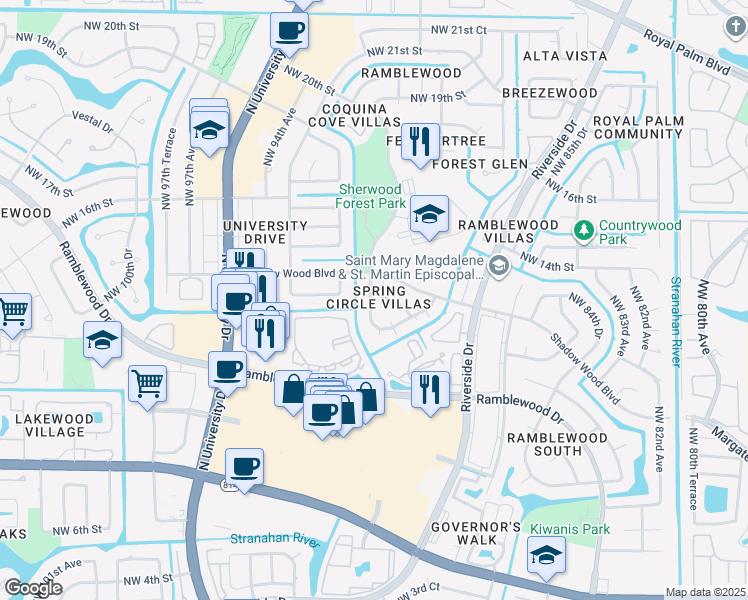 map of restaurants, bars, coffee shops, grocery stores, and more near 1291 Northwest 91st Avenue in Coral Springs