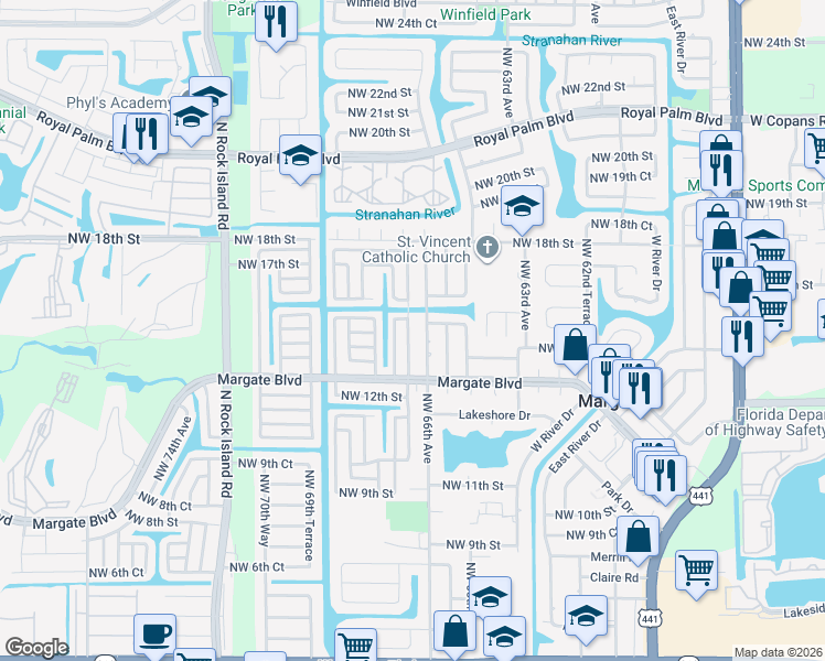 map of restaurants, bars, coffee shops, grocery stores, and more near 1470 Northwest 66th Terrace in Margate