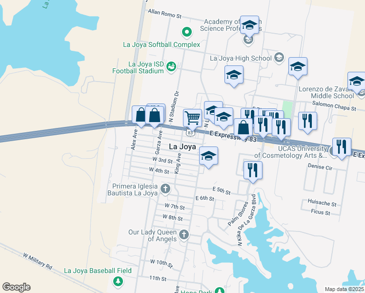 map of restaurants, bars, coffee shops, grocery stores, and more near 221 Stadium Drive in La Joya