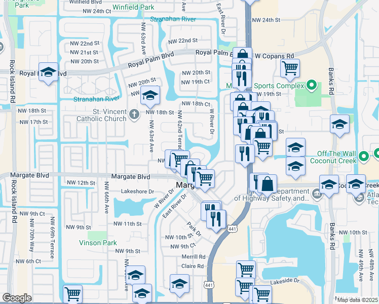 map of restaurants, bars, coffee shops, grocery stores, and more near 1525 Northwest 61st Avenue in Margate