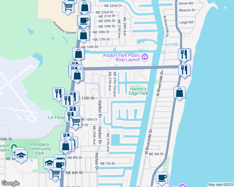 map of restaurants, bars, coffee shops, grocery stores, and more near 1210 Northeast 27th Terrace in Pompano Beach