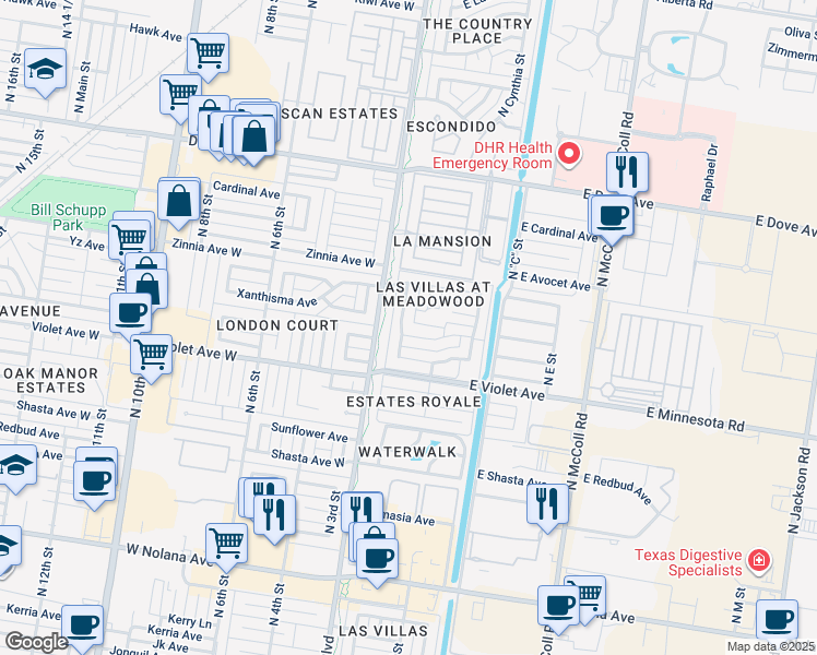 map of restaurants, bars, coffee shops, grocery stores, and more near 170 North 1st Street in McAllen