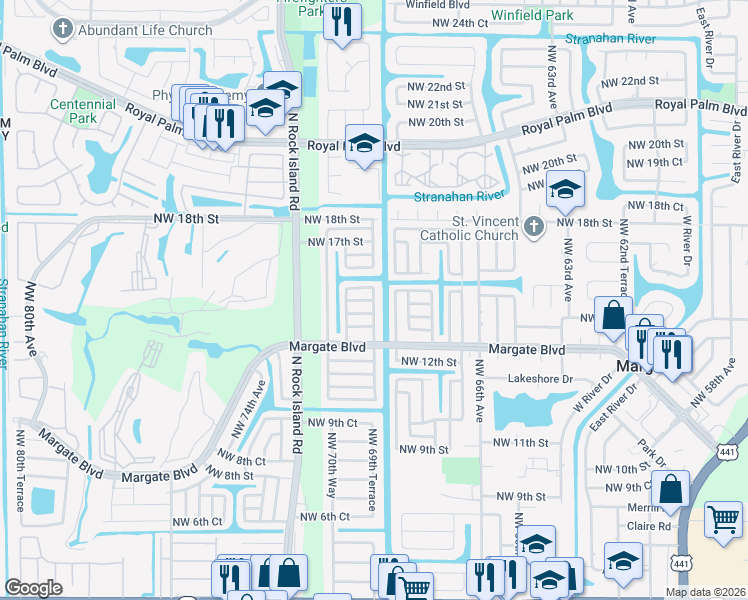 map of restaurants, bars, coffee shops, grocery stores, and more near 6920 Northwest 14th Place in Margate