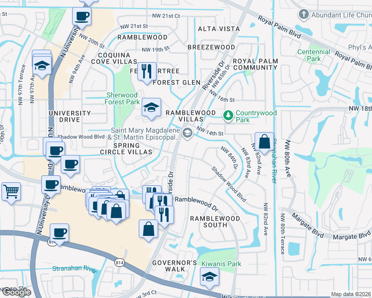map of restaurants, bars, coffee shops, grocery stores, and more near 1290 Northwest 87th Avenue in Coral Springs