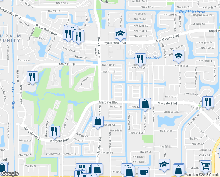 map of restaurants, bars, coffee shops, grocery stores, and more near 1465 Northwest 70th Lane in Margate