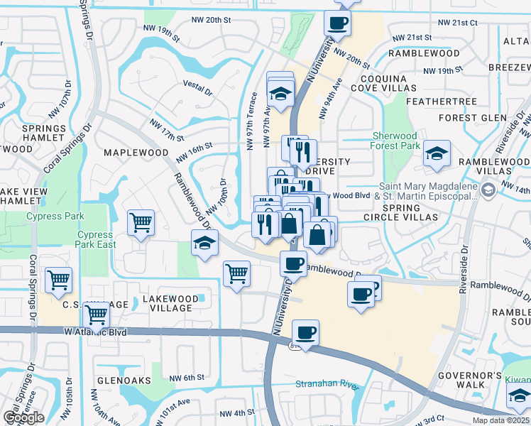 map of restaurants, bars, coffee shops, grocery stores, and more near 9806 Northwest 14th Street in Coral Springs