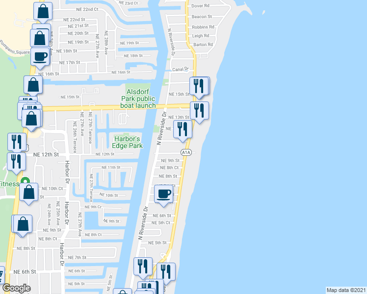 map of restaurants, bars, coffee shops, grocery stores, and more near 3249 Northeast 10th Street in Pompano Beach