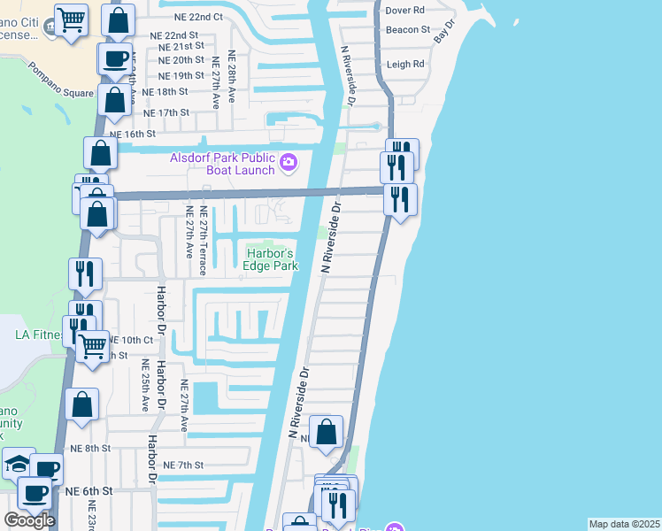 map of restaurants, bars, coffee shops, grocery stores, and more near 1000 North Riverside Drive in Pompano Beach