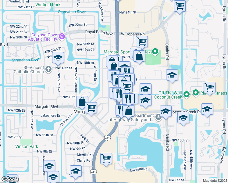 map of restaurants, bars, coffee shops, grocery stores, and more near 1605 U.S. 441 in Margate