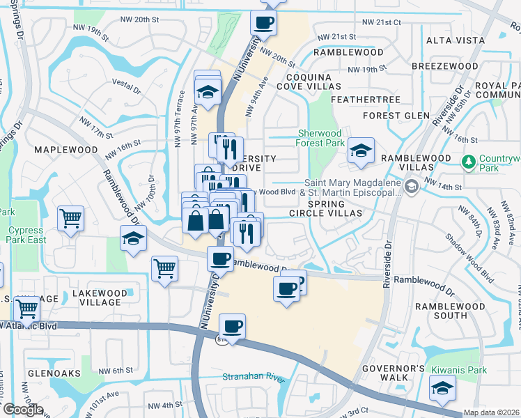 map of restaurants, bars, coffee shops, grocery stores, and more near 1343 Northwest 94th Way in Coral Springs