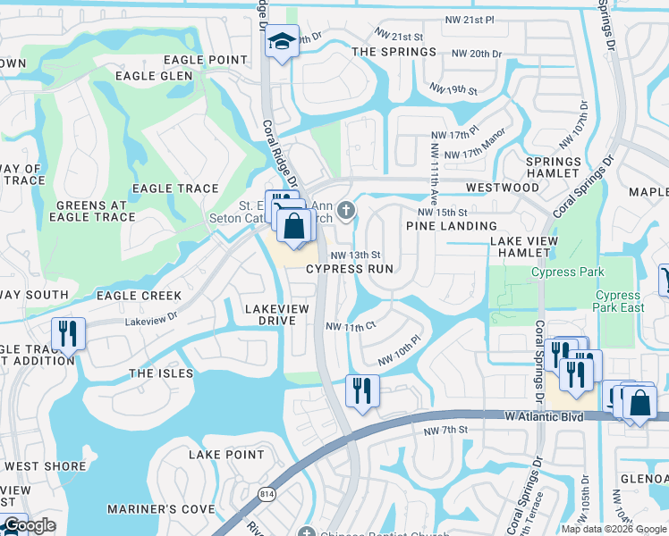 map of restaurants, bars, coffee shops, grocery stores, and more near 1273 Northwest 114th Avenue in Coral Springs
