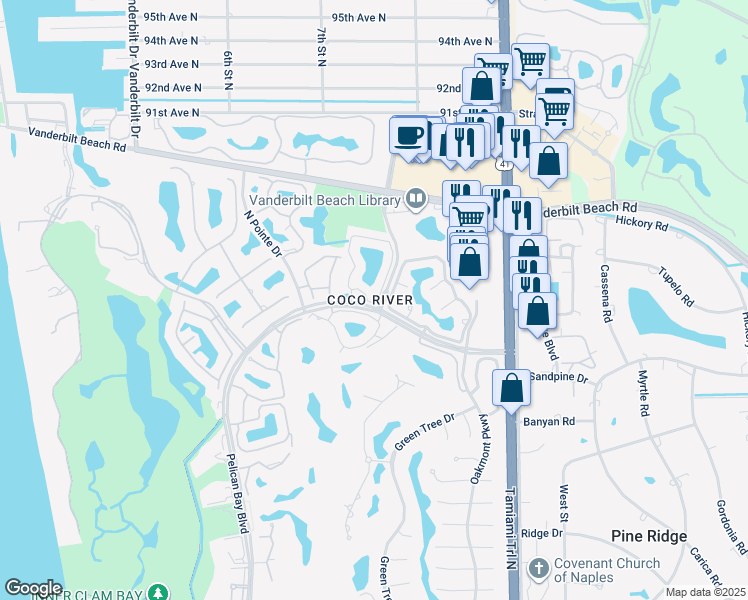 map of restaurants, bars, coffee shops, grocery stores, and more near 8325 Excalibur Circle in Naples