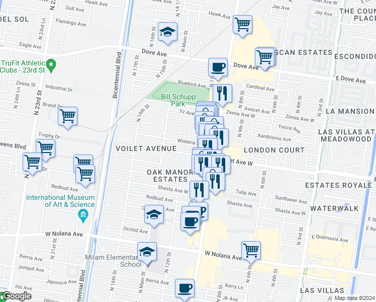 map of restaurants, bars, coffee shops, grocery stores, and more near 1112 Violet Avenue in McAllen