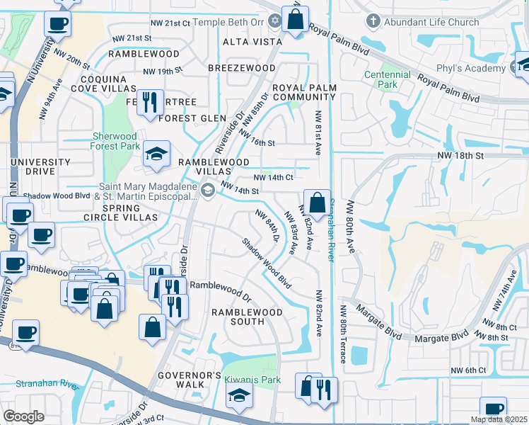 map of restaurants, bars, coffee shops, grocery stores, and more near 1317 Northwest 84th Drive in Coral Springs