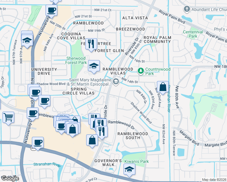 map of restaurants, bars, coffee shops, grocery stores, and more near in Coral Springs