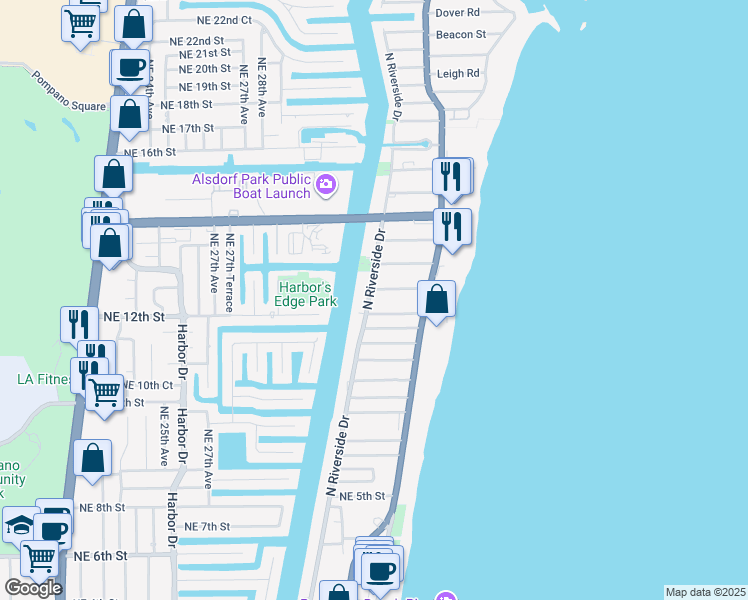 map of restaurants, bars, coffee shops, grocery stores, and more near 1000 North Riverside Drive in Pompano Beach