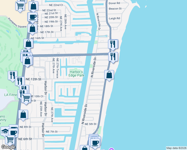 map of restaurants, bars, coffee shops, grocery stores, and more near 1020 North Riverside Drive in Pompano Beach