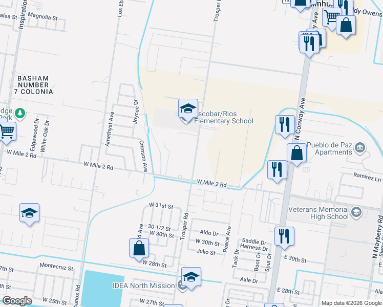 map of restaurants, bars, coffee shops, grocery stores, and more near 905 Cheril Road in Mission