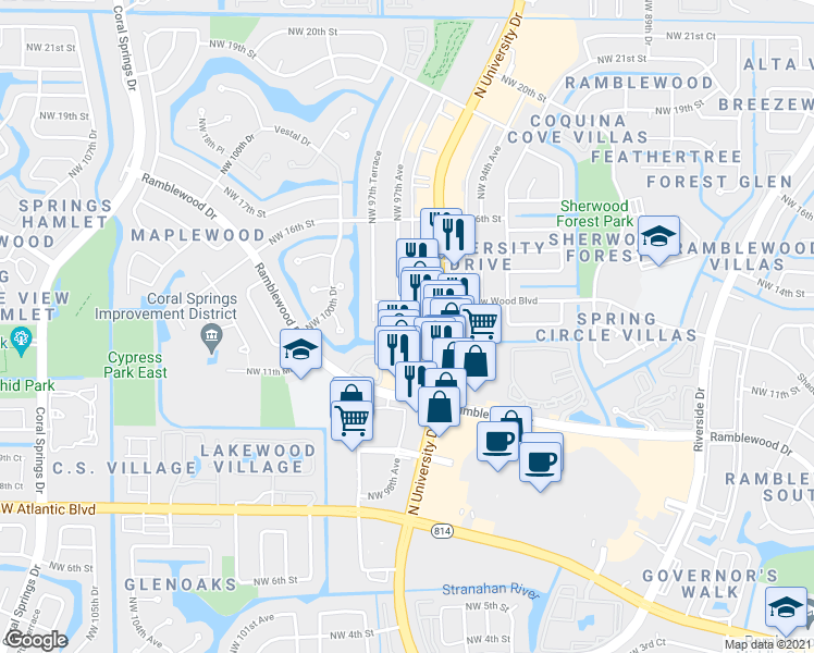 map of restaurants, bars, coffee shops, grocery stores, and more near 9730 Shadow Wood Blvd in Coral Springs