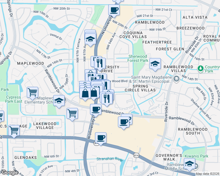 map of restaurants, bars, coffee shops, grocery stores, and more near 1343 Northwest 94th Way in Coral Springs