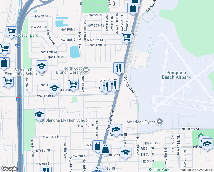 map of restaurants, bars, coffee shops, grocery stores, and more near 137 Northwest 15th Court in Pompano Beach