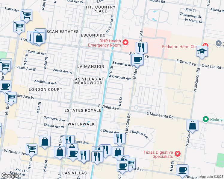 map of restaurants, bars, coffee shops, grocery stores, and more near 412 East Yarrow Avenue in McAllen