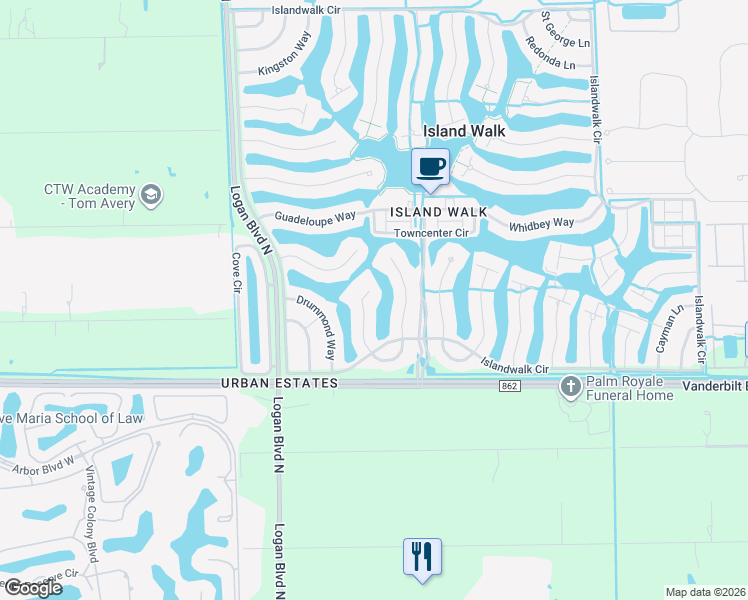map of restaurants, bars, coffee shops, grocery stores, and more near 5860 Charlton Way in Naples