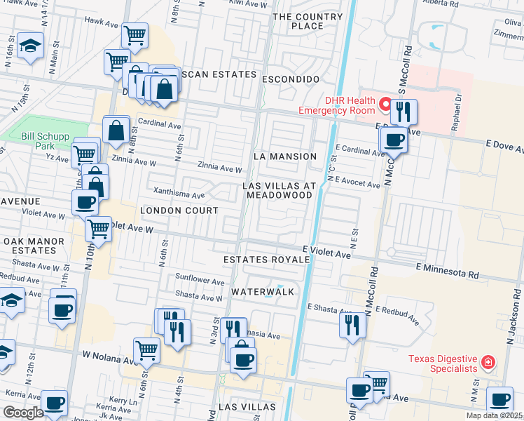 map of restaurants, bars, coffee shops, grocery stores, and more near 5000 North 1st Lane in McAllen