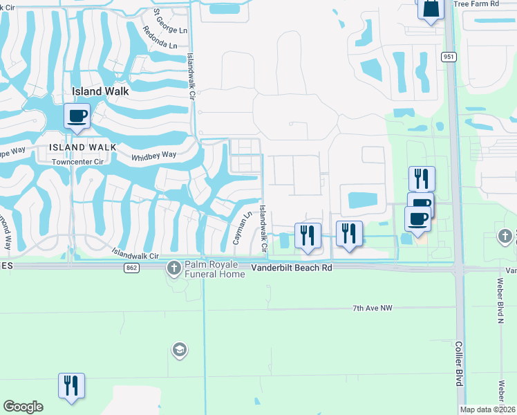 map of restaurants, bars, coffee shops, grocery stores, and more near 3300 Cayman Lane in Naples