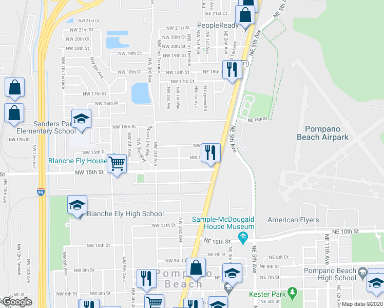 map of restaurants, bars, coffee shops, grocery stores, and more near 153 Northwest 15th Court in Pompano Beach