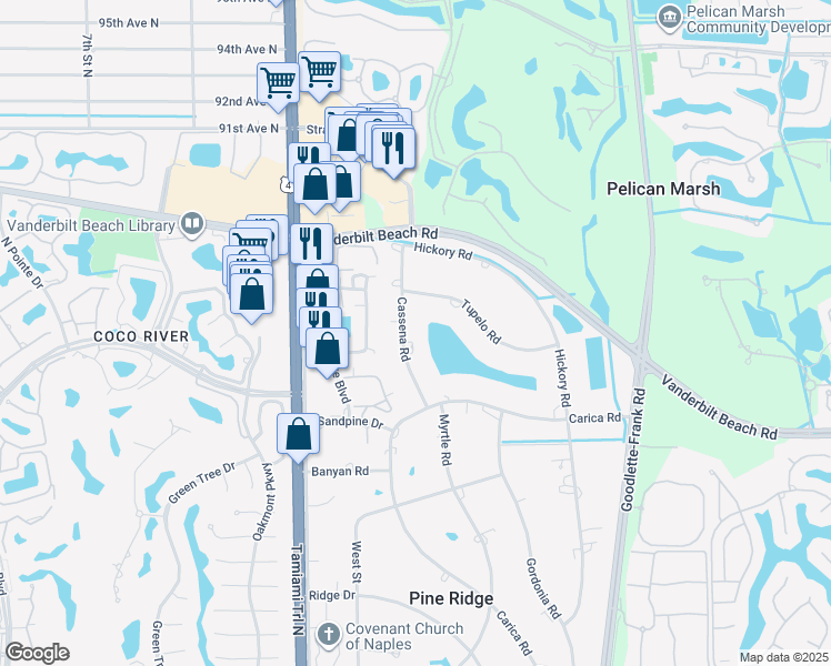 map of restaurants, bars, coffee shops, grocery stores, and more near 820 Cassena Road in Naples