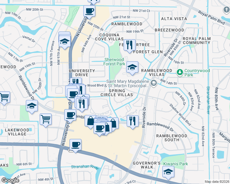map of restaurants, bars, coffee shops, grocery stores, and more near 1291 Northwest 91st Avenue in Coral Springs