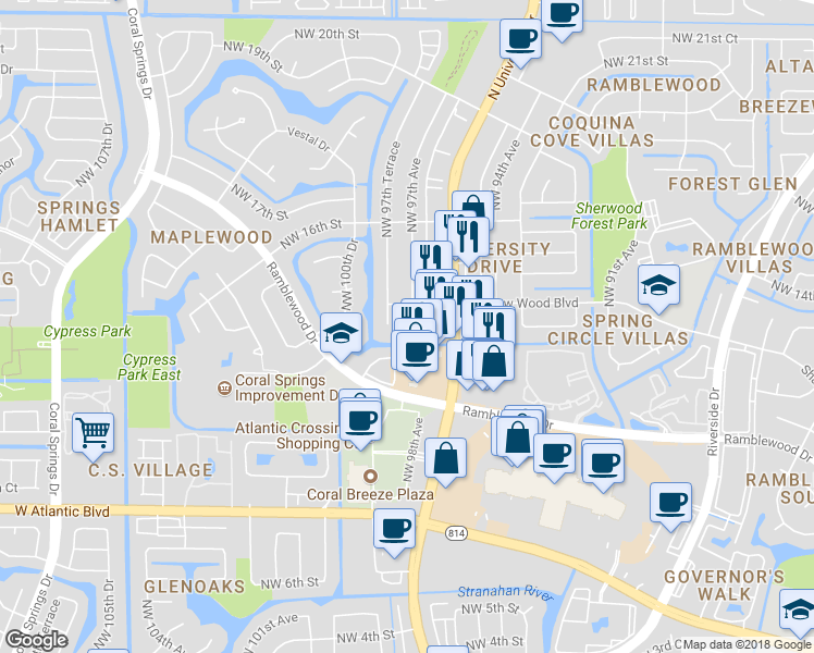 map of restaurants, bars, coffee shops, grocery stores, and more near 9730 Shadow Wood Boulevard in Coral Springs