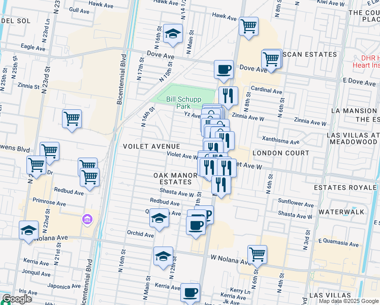 map of restaurants, bars, coffee shops, grocery stores, and more near 1112 Violet Avenue in McAllen