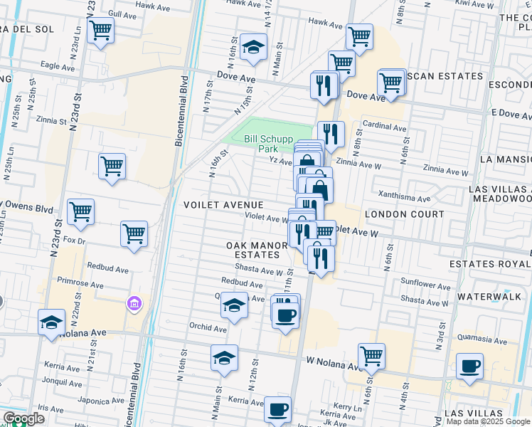 map of restaurants, bars, coffee shops, grocery stores, and more near 1218 Violet Avenue in McAllen