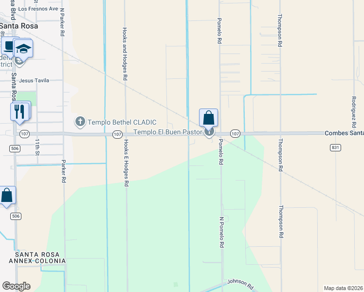 map of restaurants, bars, coffee shops, grocery stores, and more near 13217 Texas 107 in Santa Rosa