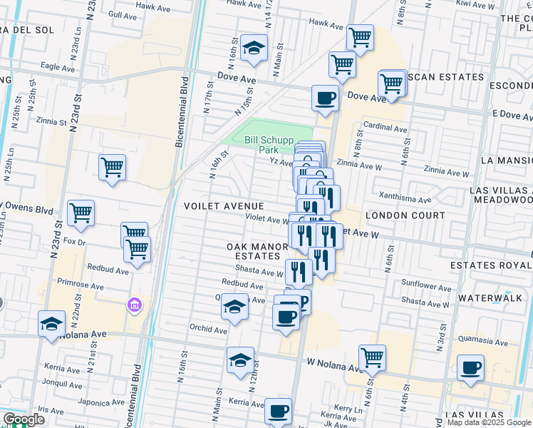 map of restaurants, bars, coffee shops, grocery stores, and more near 1218 Violet Avenue in McAllen