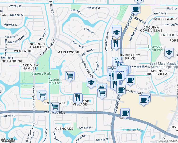 map of restaurants, bars, coffee shops, grocery stores, and more near 9958 Ramblewood Drive in Coral Springs