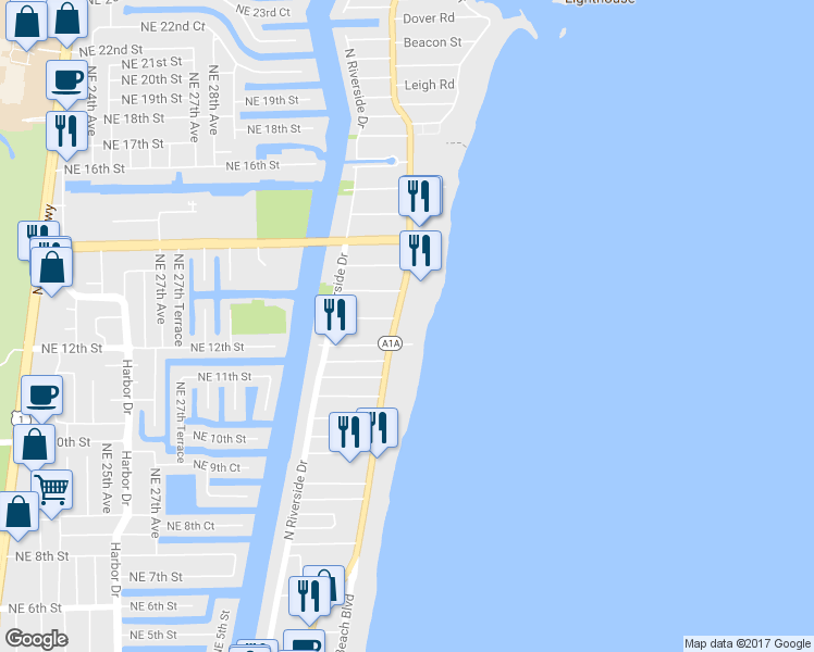 map of restaurants, bars, coffee shops, grocery stores, and more near 1012 North Ocean Boulevard in Pompano Beach