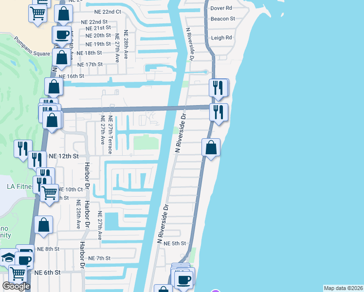 map of restaurants, bars, coffee shops, grocery stores, and more near 1000 North Riverside Drive in Pompano Beach