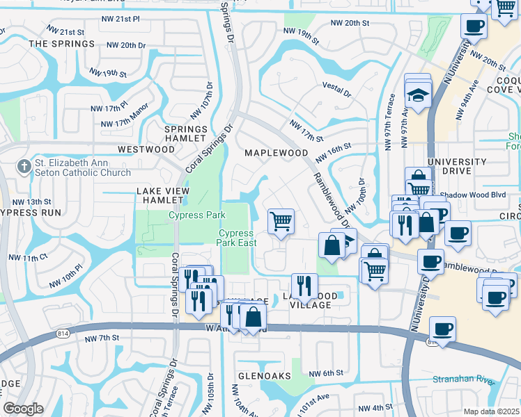 map of restaurants, bars, coffee shops, grocery stores, and more near 1560 Northwest 103rd Terrace in Coral Springs