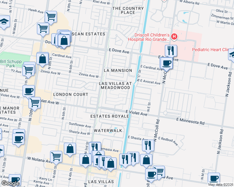 map of restaurants, bars, coffee shops, grocery stores, and more near 125 East Xanthisma Avenue in McAllen
