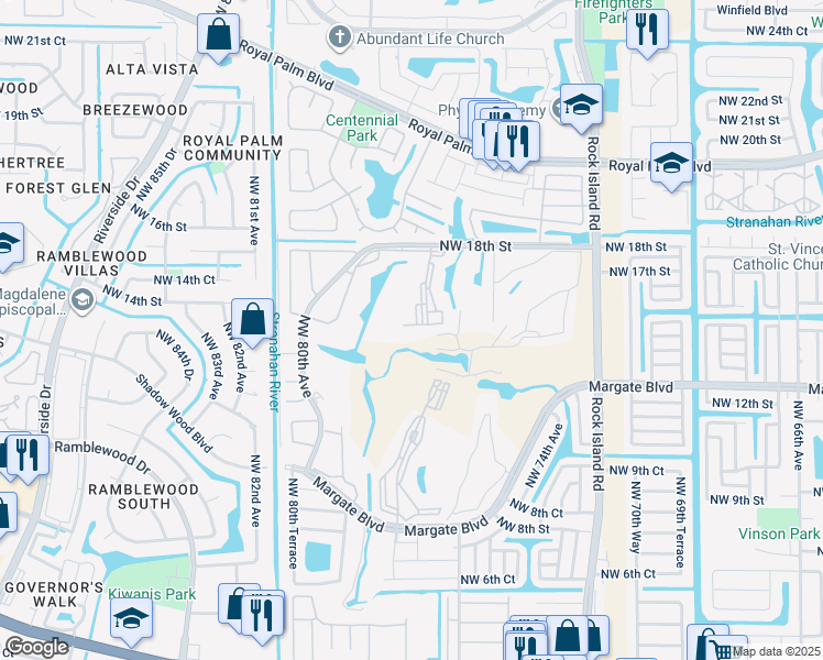 map of restaurants, bars, coffee shops, grocery stores, and more near 7684 Northwest 18th Street in Margate