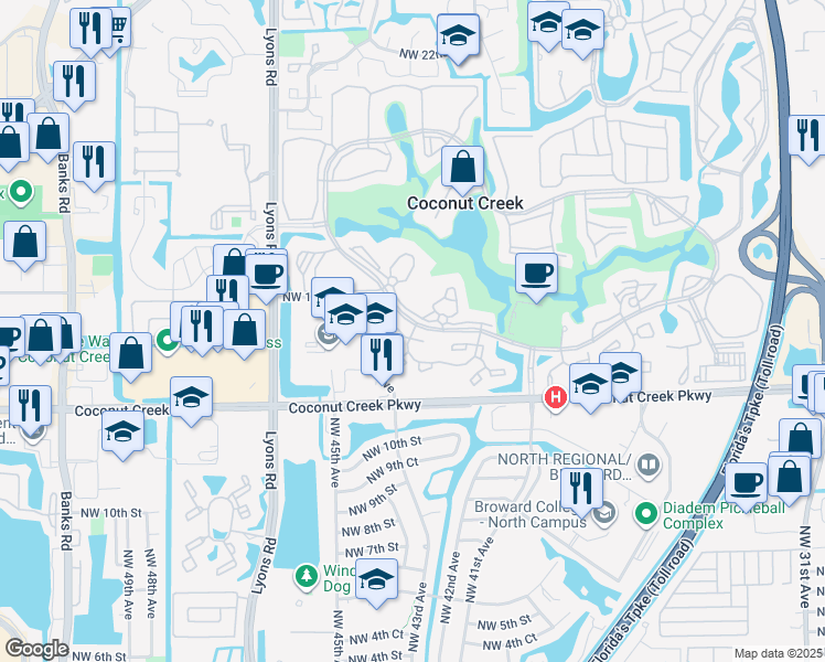 map of restaurants, bars, coffee shops, grocery stores, and more near 2614 Nassau Bend in Coconut Creek