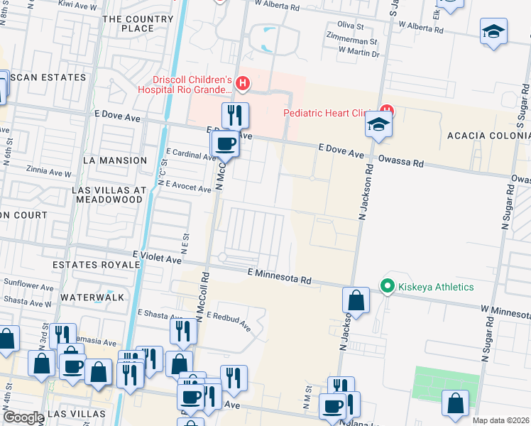 map of restaurants, bars, coffee shops, grocery stores, and more near East Palm Street in McAllen