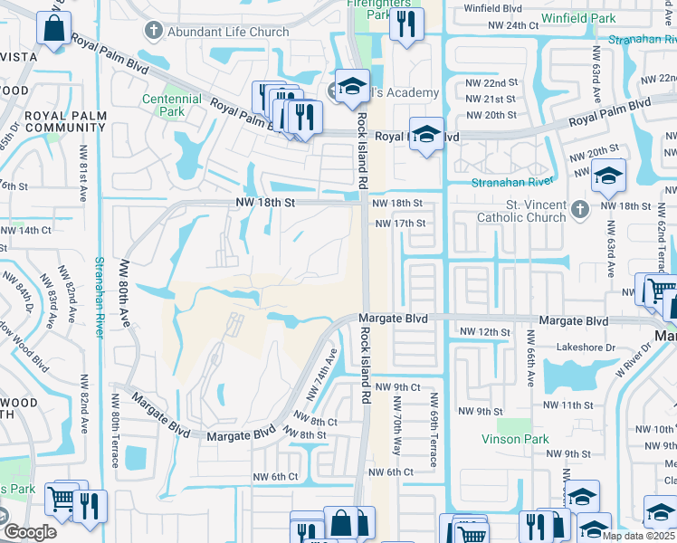 map of restaurants, bars, coffee shops, grocery stores, and more near 7340 Northwest 18th Street in Margate