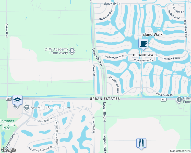 map of restaurants, bars, coffee shops, grocery stores, and more near 5645 Cove Circle in Naples