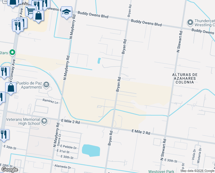 map of restaurants, bars, coffee shops, grocery stores, and more near 3521 North Bryan Road in Mission